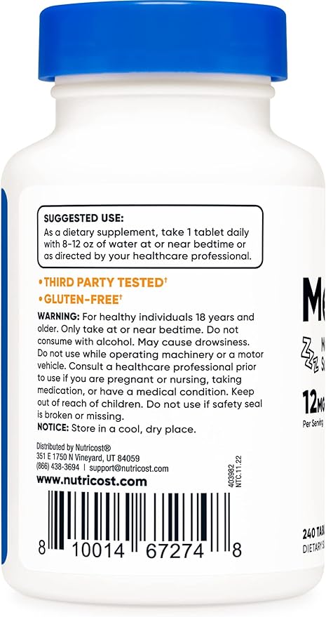 Nutricost Melatonin 12mg, 240 Tablets - 12mg Per Serving, Non-GMO, Gluten Free