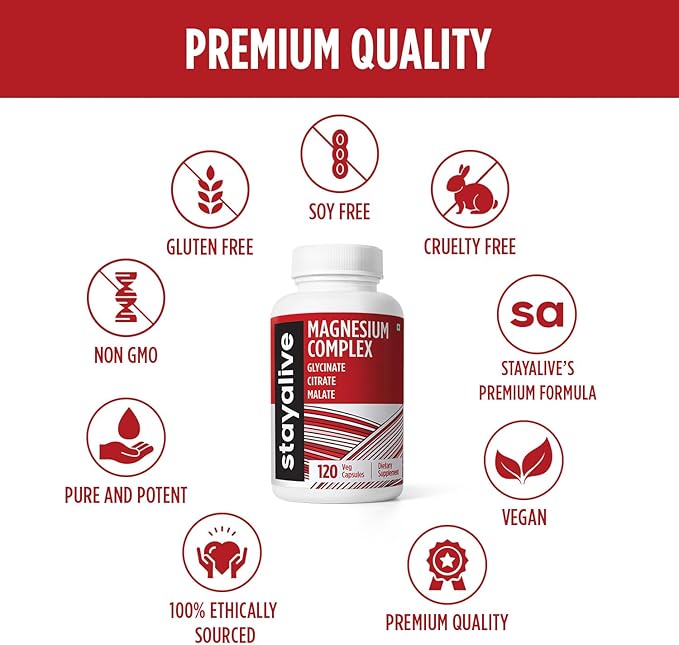 STAY ALIVE Triple Magnesium Complex Supplement 500mg, Chelated Glycinate, Citrate & Malate Powder, High Absorption Magnesium for Women and Men, 120 Pills, Non-GMO & Gluten-Free Capsules