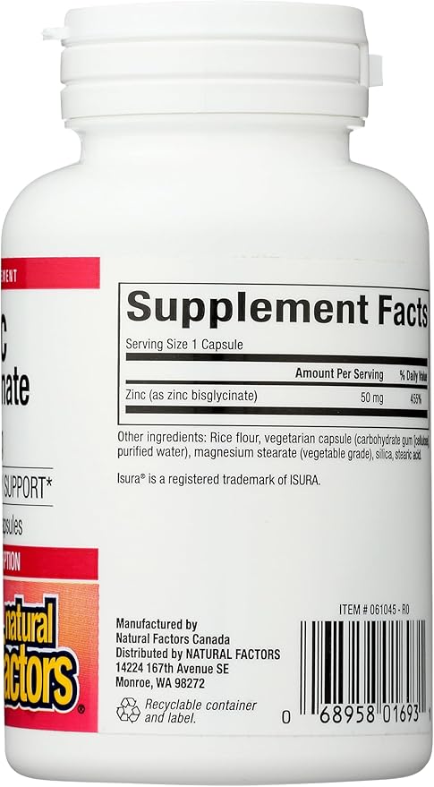 Natural Factors Zinc Bisglycinate, 50 mg, 60 Vegetarian Capsules