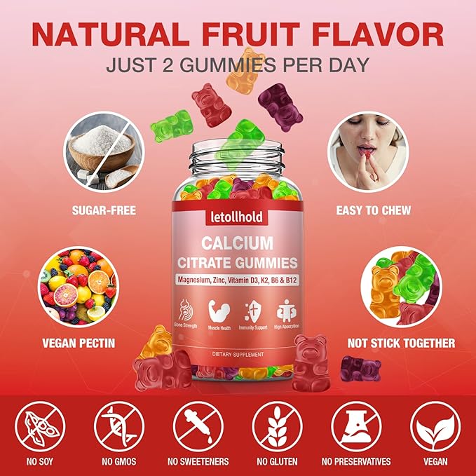 5 Packs Calcium Citrate Gummies for Kids & Adults, Sugar Free, Calcium Supplements with Vitamin D3, K2, Magnesium,Support Bone & Muscle
