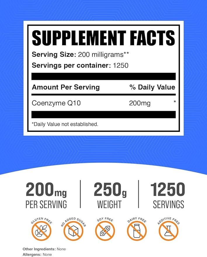 BulkSupplements.com Coenzyme Q10 Powder - CoQ10 Powder, CoQ10 200mg, CoQ10 Supplement - Heart Health Supplements, Gluten Free, 200mg per Serving, 250g (8.8 oz) (Pack of 1)