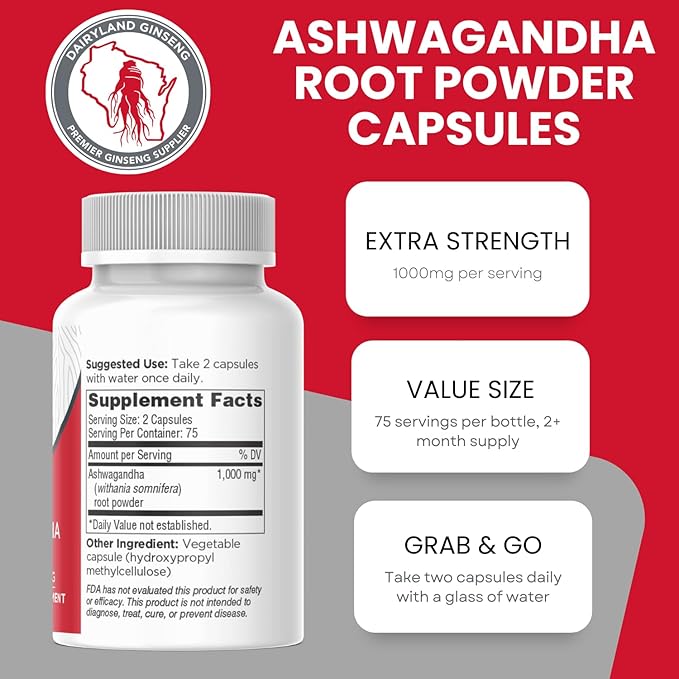 Dairyland Management Ashwagandha Capsules 150ct - 1000 mg per Serving Max Strength Ashwagandha Root Powder - Herbal Supplements and Extract