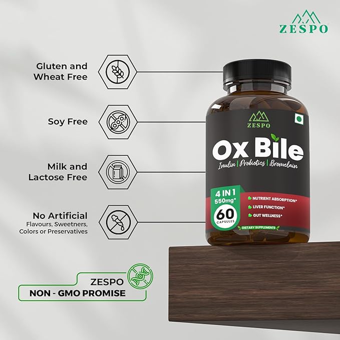 Ox Bile 550MG – Digestive Enzymes & Gut Health Support with Inulin, Probiotics & Bromelain – 60 Capsules