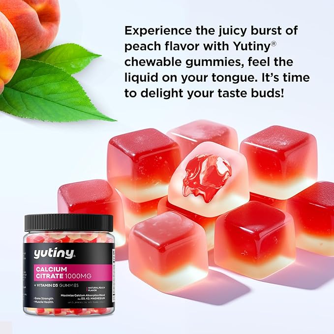 Calcium Citrate Filled Gummies, Extra Absorption Calcium Citrate 1000mg with Vitamin D3, K2 & Magnesium, Chewable Supplement for Bone, Muscle Health, 60 Count