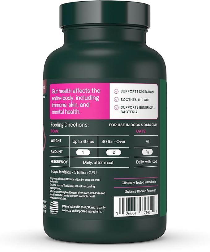 VetriScience Extra Strength Gut Health Probiotic & Prebiotic Digestive Supplements for Dogs & Cats, Gas & Diarrhea & Immune Support, Easy-Open Capsules, 120 Count - New Look