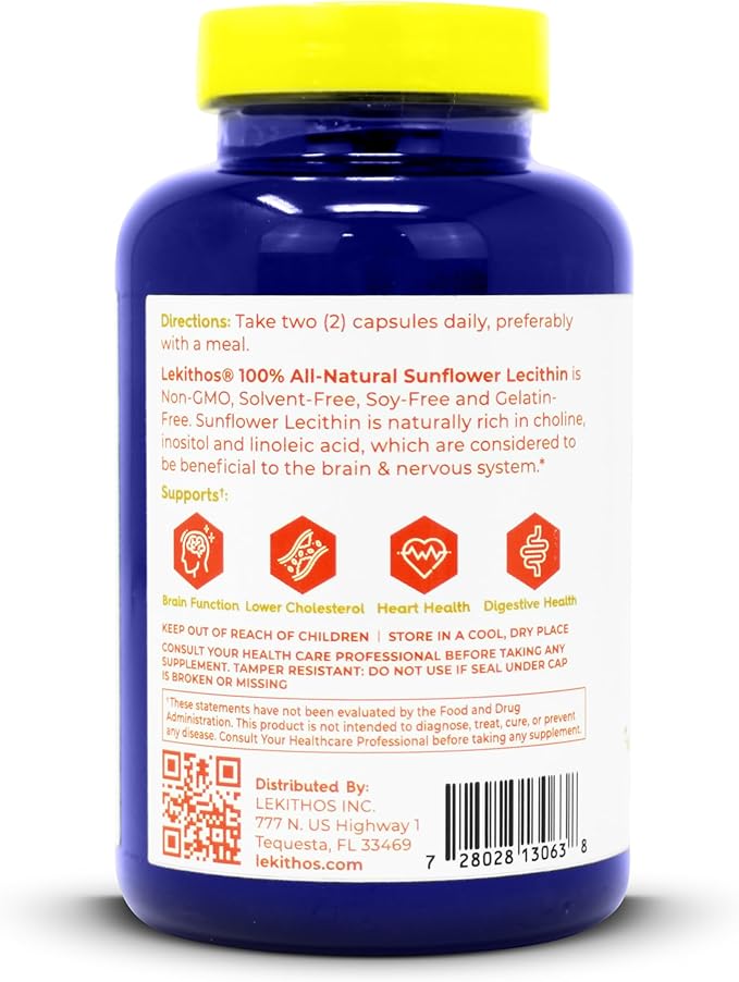 100% All-Natural Sunflower Lecithin Capsules - 120 Count - Rich in Phosphatidyl Choline - Cold Pressed (Solvent Free) - Non-GMO Project Verified - Certified Vegan