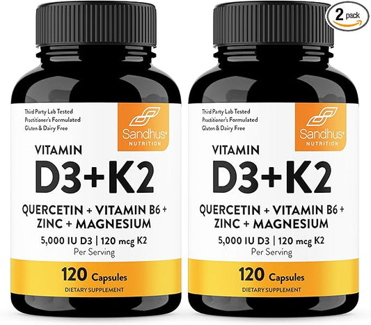 Vitamin D3 K2 5000 IU 120 Capsules (Pack of 2)| with Zinc, Magnesium & Quercetin | 5000IU of D3, 120mcg K2 | Superior Absorption, Supports Natural Energy, Immune, Bone & Muscle Health for Men & Women