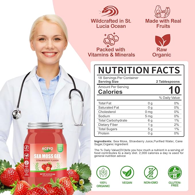 (18 OZ) Irish Sea Moss Gel Raw Vegan Strawberry Flavor 102 Vitamins and Minerals Wild Harvested Non-GMO Immune Defense Booster Thyroid Digestive Support