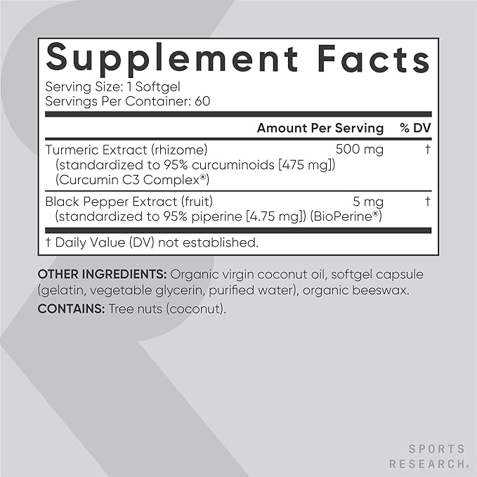 Sports Research Turmeric Curcumin C3 Complex 500 mg, Enhanced & Black Pepper and Organic Coconut Oil for Better Absorption; Non-GMO and Gluten Free - Standardized 95% Curcuminoids (60 Count Softgels)