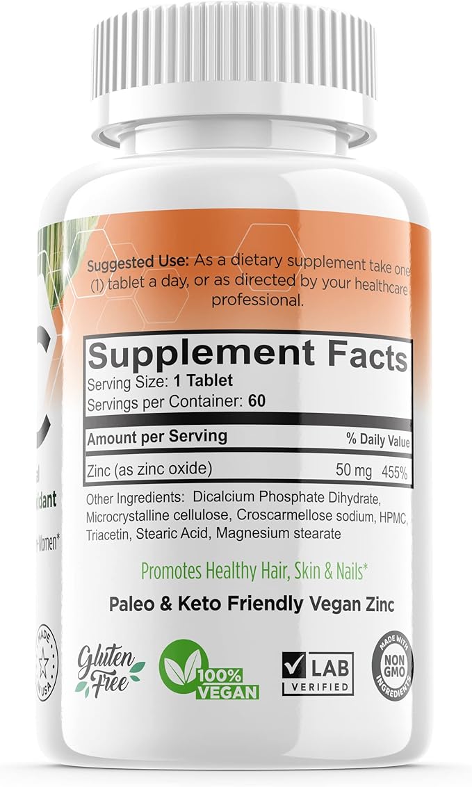 Zinc 50mg, (60 Tablets), Specially Formulated for Sensitive Stomach, Immune Support, Skin & Hair, Vegan Zinc Supplement, Non-GMO Made in USA