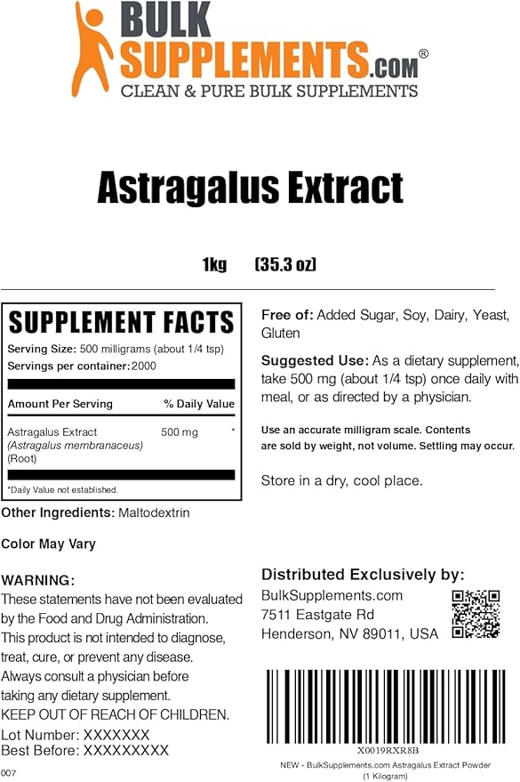 BulkSupplements.com Astragalus Extract Powder - from Astragalus Root, Astragalus Supplement - Vegan & Gluten Free, Astragalus Powder - 500mg per Serving, 1kg (2.2 lbs) (Pack of 1)