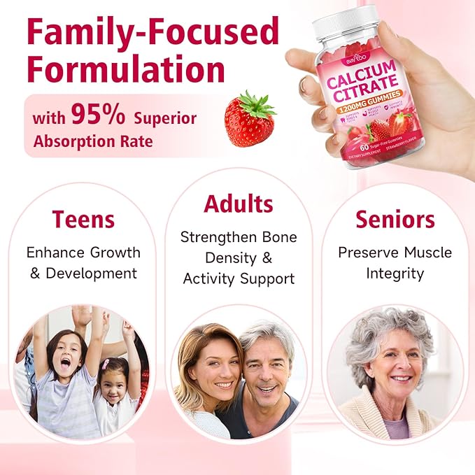 2 Packs High Absorption Calcium Citrate Gummies 1200mg - Bone & Teeth Support for Adults & Kids, Vegan Sugar-Free Gummies, Raspberry Flavor, 120 Count