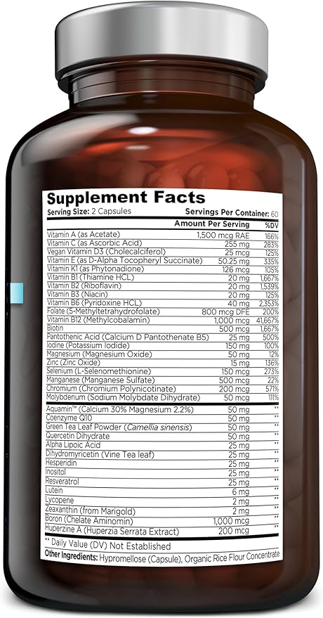 Ultimate Daily Multivitamin for Women & Men - Includes 34 Essential Ingredients, Vitamin A, C, D & E, Vitamin B12, B6, Biotin, & Zinc, Daily Multivitamin Supplement, Non-GMO - 120 Vegan Capsules