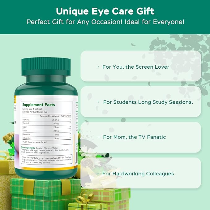 Lutein and Zeaxanthin Supplements - 6 in 1 Vision Protection Complex with Lutein, Zeaxanthin, Astaxanthin, Crocin, Vitamin C & E, 120 Softgels, Non-GMO, Gluten-Free, Supports Eye Health
