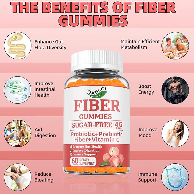Probiotics + Prebiotics Fiber Gummies for Adults, 60 Billion CFU, 4g Prebiotic Per Serving, Promotes Intestinal Health & Enhances Immune System, Sugar Free, 60 Gummies
