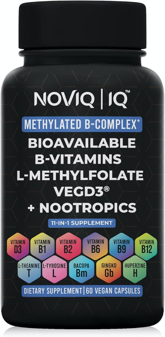 11-in-1 Methylated B-Complex Supplement: 680mcg L-Methylfolate(5-MTHF) Thiamine(B1) Riboflavin(B2) Pyridoxal(B6) Methylcobalamin(B12) - VegD3® + Nootropics - 1,100mg+ Serving - 60 Count