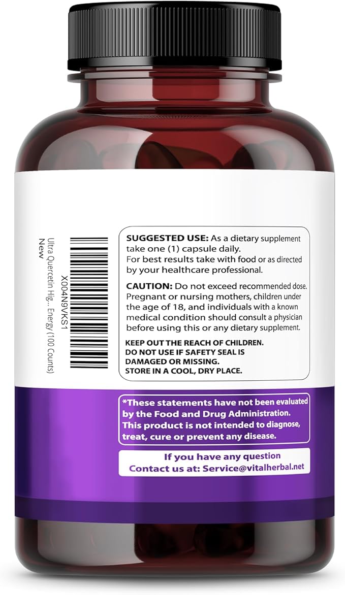 Ultra Quercetin High Purity 98% with Bromelain Capsules for Maximum Strength Powder with Ashwagandha - Supports Overall Health Strength Energy (100 Counts)