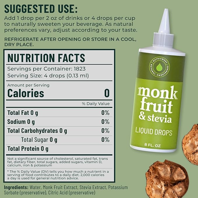 Natrisweet Monk Fruit Stevia Liquid Drops, 8 fl oz, Stevia Monk Fruit Sweetener Liquid Without Erythritol, No Fillers, Zero Calorie, Zero Carbs Stevia Monkfruit Sweetener for Coffee, Tea, Drinks