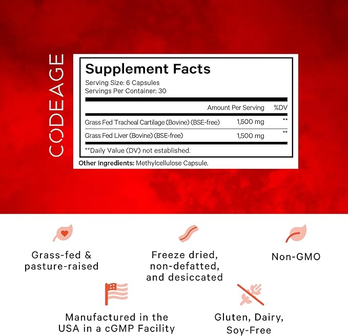 Codeage Grass Fed Beef Cartilage Supplement - Freeze Dried, Non-Defatted, Desiccated Beef Tracheal Bovine Cartilage & Liver Pills – Pasture Raised Argentina Beef Vitamins - Non-GMO -180 Capsules