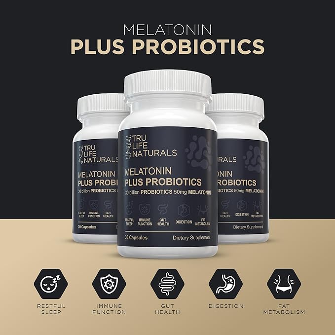 Melatonin 50mg Plus Probiotics 30 Bill CFU/Better Sleep/Night Formula/Sleep Support Supplement & Balanced Gut Health - Easy to Take | Supports Digestive & Immune System Function