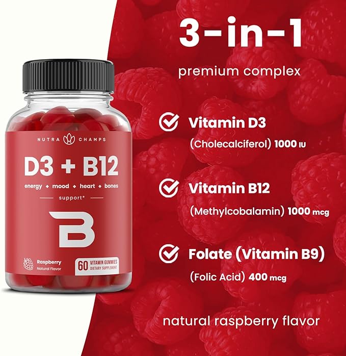 NutraChamps Vitamin D3 & B12, Methyl B12 Gummies for Adults & Kids, Enhanced with Vitamin D 3 & B9 Vitamin Folate, Natural Energy, Mood, Metabolism & Focus, Raspberry, 120 Gummies (Pack of 2)