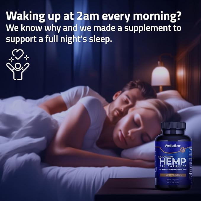WELLUTION Hemp Oil Capsules with Ashwaganda and Melatonin (2-PK) Rich in Omega 3-6-9 - Supports Healthy Sleep, Stress, & Mood - Feel Refreshed - Made in USA - 120 Count