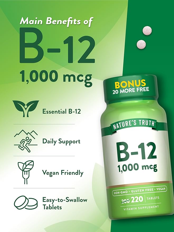 Nature's Truth Vitamin B12 Tablets | 1000 mcg | 220 Count | Vegan, Non-GMO & Gluten Free Supplement
