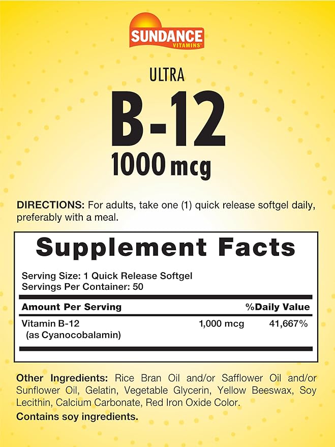 Sundance Vitamin B12 | 1000 mcg | 50 Quick Release Softgels | Non-GMO and Gluten Free Supplement