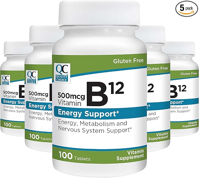 Quality Choice Vitamin B12 500 MCG Supplement 100 Count Bottle of Tablets (5 Pack)