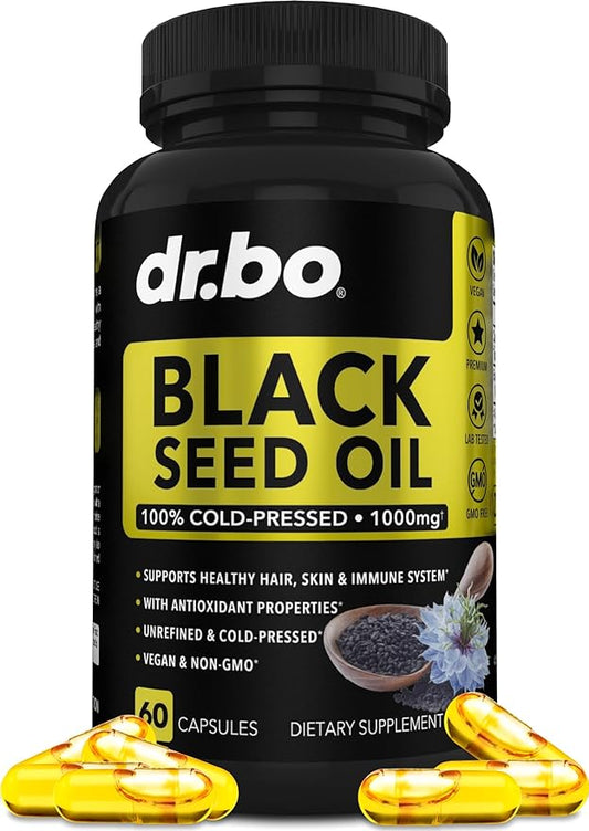 Black Seed Oil Capsules Vegan - Pure Cold Pressed Black Seed Oil Nigella Sativa Cumin for Skin & Hair Health, 500mg, 1000mg Per 2 Capsule Serving Blackseed Liquid Capsules Halal - 60 Softgels Pills