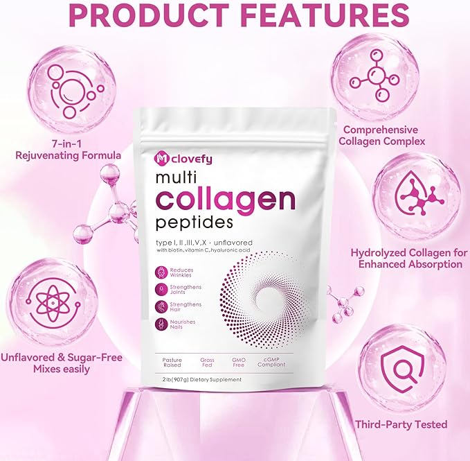 Multi Collagen Protein Powder, 2lbs-Unflavored, with Hyaluronic Acid & Vitamin C, Skin, Hair & Joint Support, 32 Oz