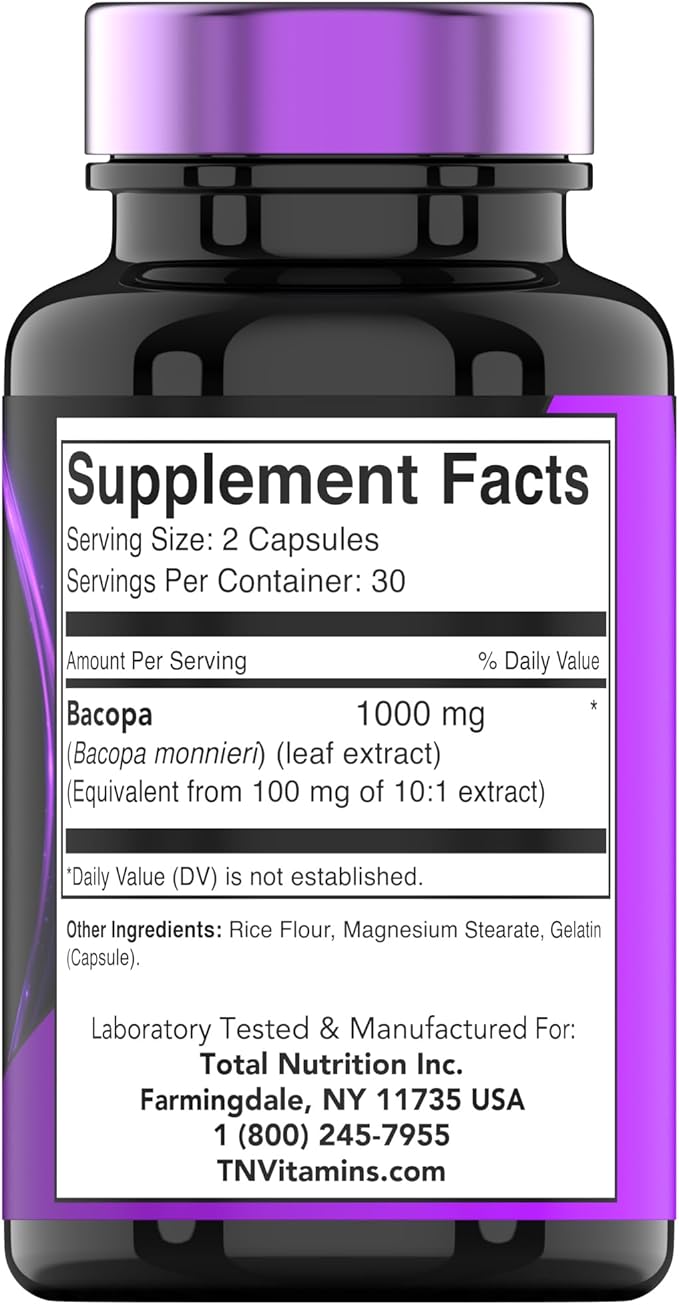 Bacopa Monnieri Capsules 1000 MG (60 Capsules) | Nootropic Brain Support Supplement* | Bacopa Leaf Extract Powder Pills
