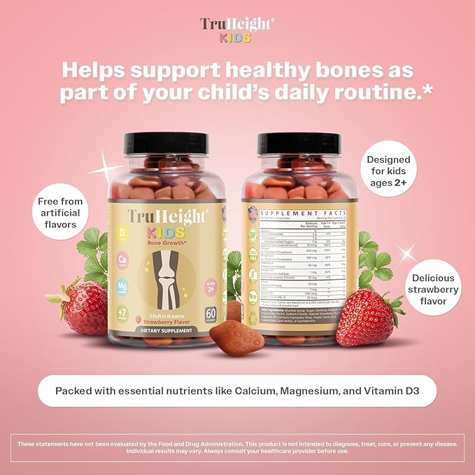TruHeight Kids Bone Growth Gummies (Strawberry, Ages 2+) All Natural Kids & Toddler Vitamins - Vitamin D, Calcium, K2, Magnesium Multivitamin - Natural Growth & Development, Builds Strong Bones, Vegan