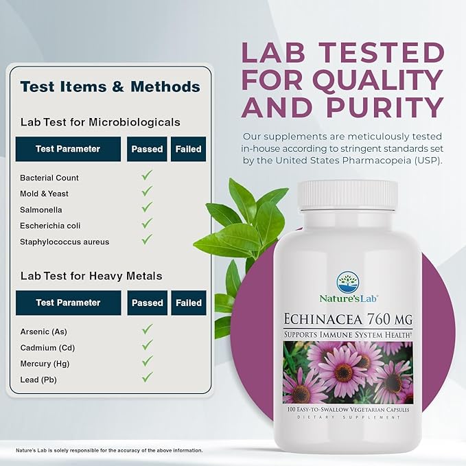 Nature's Lab Echinacea 760mg Dietary Supplement - Powerful All Natural Immune System Support - Non-GMO, Gluten Free - 100 Capsules (50 Day Supply)