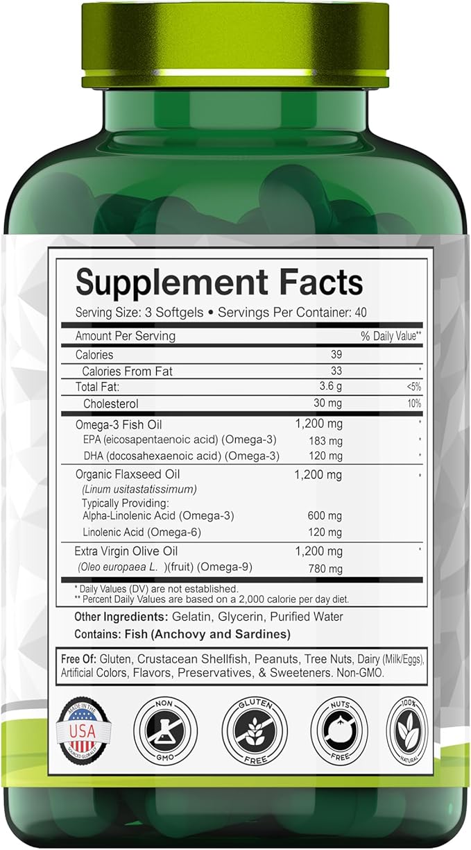 Triple Omega 3◆ 6◆ 9: 3600mg x 120 Softgels | Omega Essential Fatty Acids from Fish Oil (EPA & DHA), Flaxseed Oil (ALA & LA), & Olive Oil (OA) | Omega 3-6-9 Supplement for Women & Men | Non-GMO