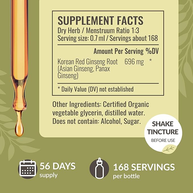 HERBAMAMA Korean Panax Ginseng Root Tincture - Vegan Red Ginseng Extract Liquid Drops for Energy Support - Non-GMO, Alcohol & Sugar-Free Immune Support Supplement, 56-Day Supply