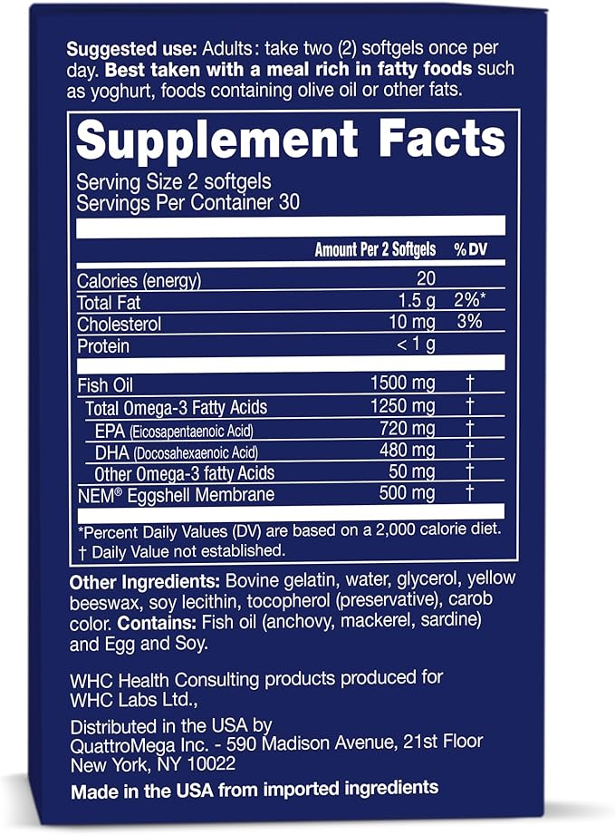 WHC UnoCardio Sports & Eggshell Membrane Fish Oil, Supports Joints & A Healthy Heart,1250 mg of Omega-3, 720 mg EPA, 480 mg DHA, Unflavored, 60 Softgels