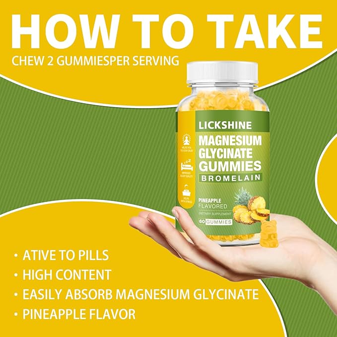 1 Pack Magnesium Glycinate Gummies 1000mg, Calcium, Potassium, Bromelain, Vitamin D, B6, CoQ10 Supplement for Relaxation, Calm Mood, Stress Relief and Sleep for Adults & Kids, 60 Counts