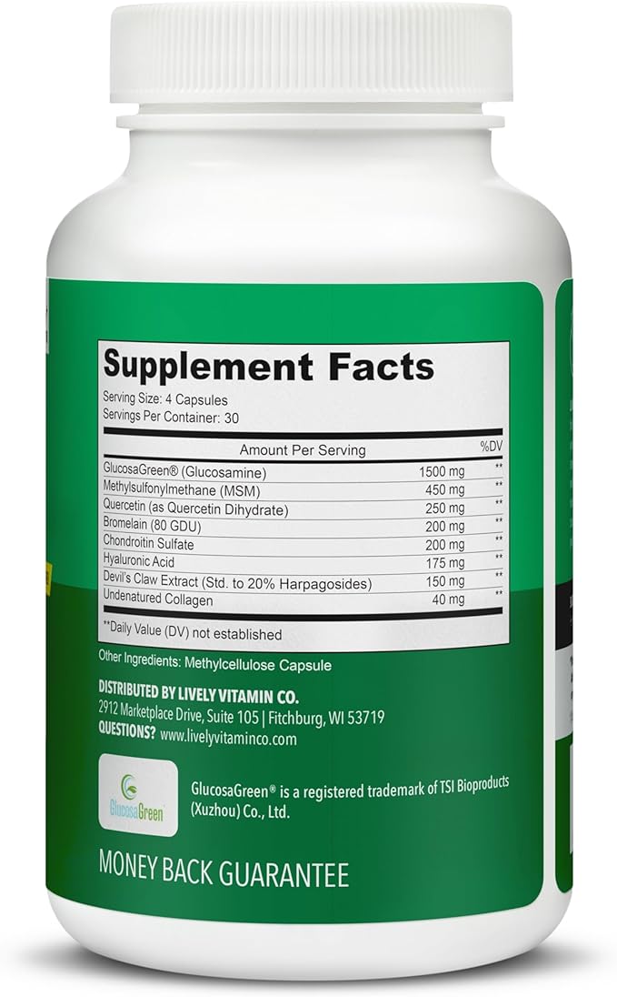 LIVELY VITAMIN CO. Joint Jive - Lubricate Joints (Knee, Ankle, Neck, Shoulder, Back) - Collagen - Glucosamine - MSM - Quercetin - Chondroitin - Devils Claw - Shellfish-Free Formula - 120 Count