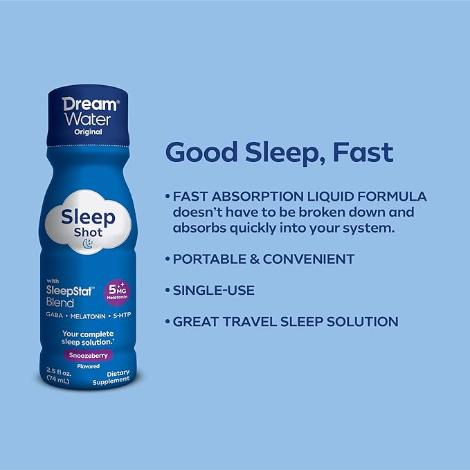Dream Water Sleep Aid Supplement Drink; Melatonin 5mg, GABA, 5-HTP; Zero Sugar, Natural Flavors, No Added Colors, 2.5 oz Liquid Sleep Shots, Snoozeberry, 4-Count