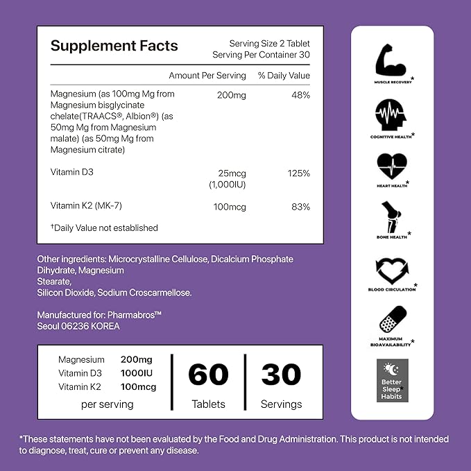 YDY Chelated Magnesium with K2 - Magnesium 200mg, Vitamin D3 25mcg, K2 100mcg - High Absorption, Supports Muscle, Bone, Nerve, Sleep - 60 Tablets