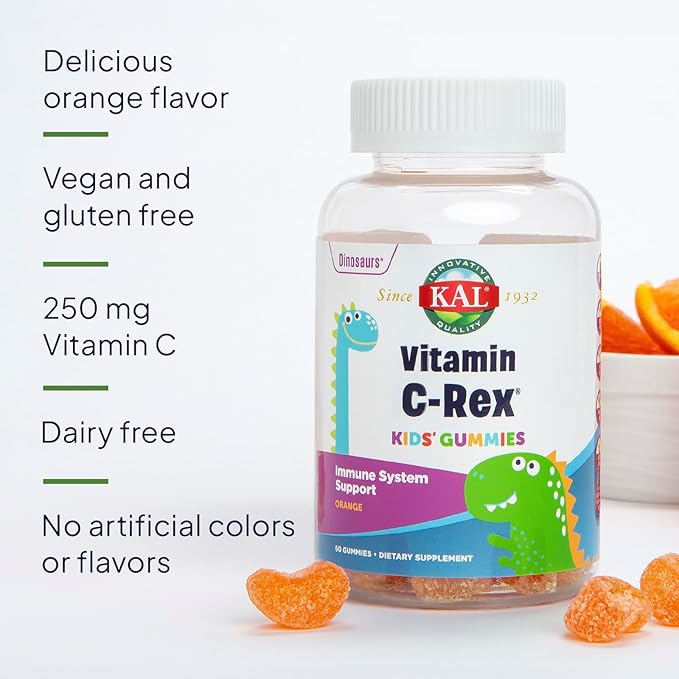 KAL Vitamin C-Rex Kids’ Gummies, Vitamin C Gummies for Kids, Healthy Immune, Bone, Muscle & Skin Support Vitamin C Gummy, Vegan, Gluten Free, 60 Day Money Back Guarantee, 30 Servings, 60 Gummies
