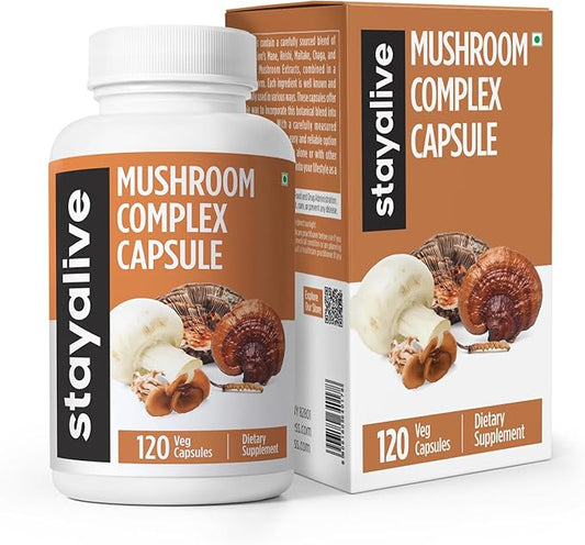 STAY ALIVE Mushroom Complex 1000mg, 6-in-1 Mushroom Supplement w/Lions Mane, Reishi, Chaga, Cordyceps, Maitake and Turkey Tail Extract Powder, 120 Vegan Pills, Non-GMO & Gluten Free Herbal Capsules