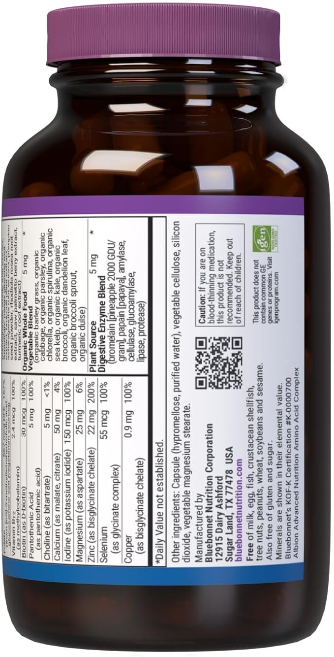 Bluebonnet Nutrition Men’s One Vegetable Capsule, Whole Food Multiple, K2, Organic, Energy, Vitality, Non-GMO, Gluten, Soy & Milk Free, Kosher, 3 Month Supply, 90 Count