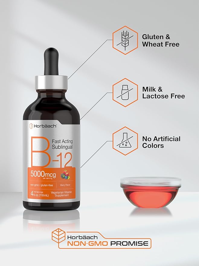 Horbaach B-12 | 5000mcg | 4oz | Berry Flavor Fast-Acting Sublingual Liquid Vitamin B12 | Vegetarian, Non-GMO & Gluten Free Formula