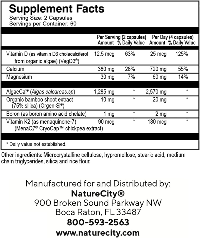 NatureCity True-Osteo Plant-Based Supplement for Bone Strength | AlgaeCal Calcium & Magnesium, Plant-Based Vitamin D3, Vitamin K2, Silicon| Gentle on Stomach (120 Veggie Capsules)
