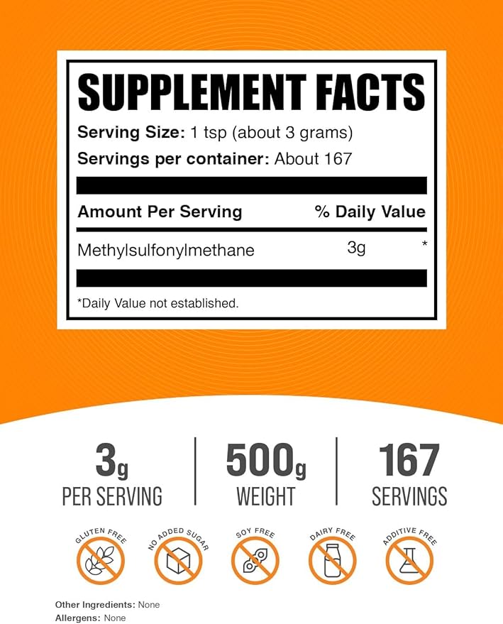 BulkSupplements.com MSM Powder - Methylsulfonylmethane, MSM Supplement, Nutritional Supplement - Gluten Free, 3g per Serving, 500g (1.1 lbs) (Pack of 1)
