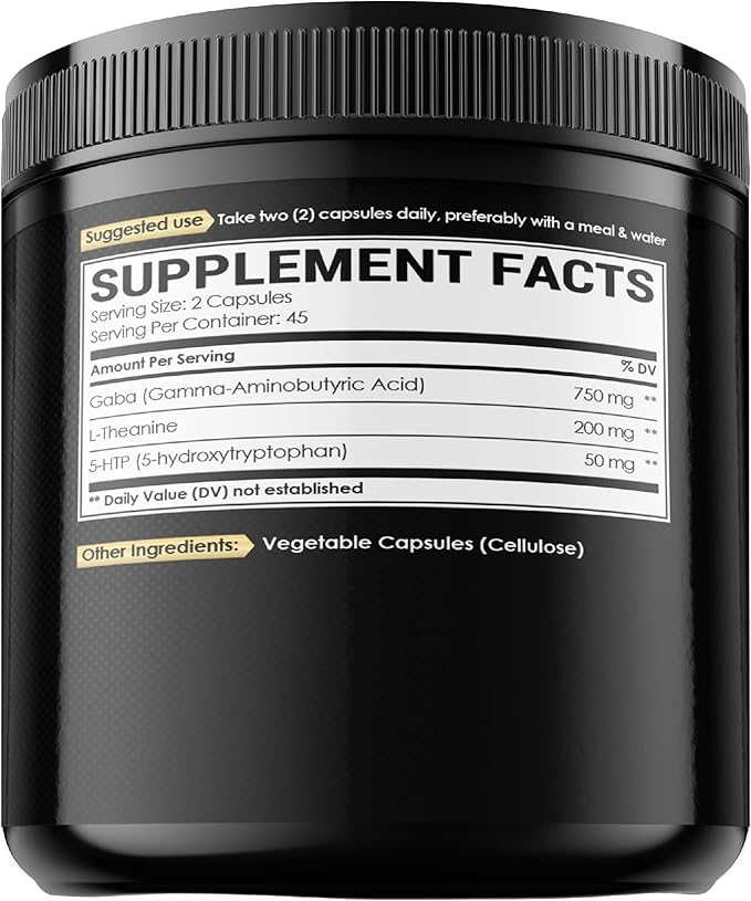 3in1 GABA Supplements 750mg L-Theanine 200mg & 5-HTP (5-hydroxytryptophan) - Equivalent to 1000mg - Support Brain Health, Concentration, Comfortable Mood - 90 Capsules