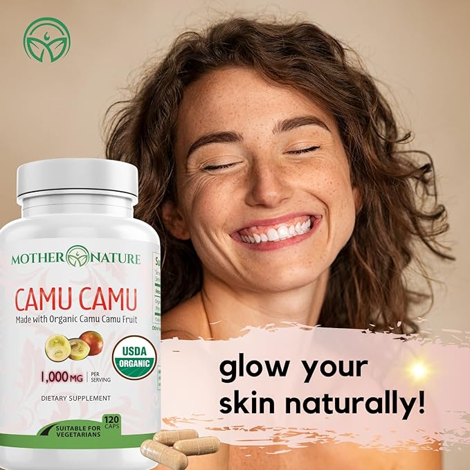 Organic Vitamin C from Camu Camu Capsules 1,000mg, Packed with Natural VIT C, Raw Antioxidants - Immune Support Supplement & Anti-Aging for Skin - Powder Organic, Vegan, Non-GMO (120 Count)