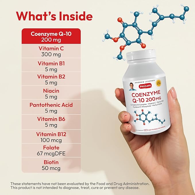 ANDREW LESSMAN Coenzyme Q-10 200 mg 180 Capsules - Essential for Energy Production and Optimum Key Organ Function, Anti-Oxidant Support, Depleted by Aging, Plus B-Complex. Easy to Swallow Capsules